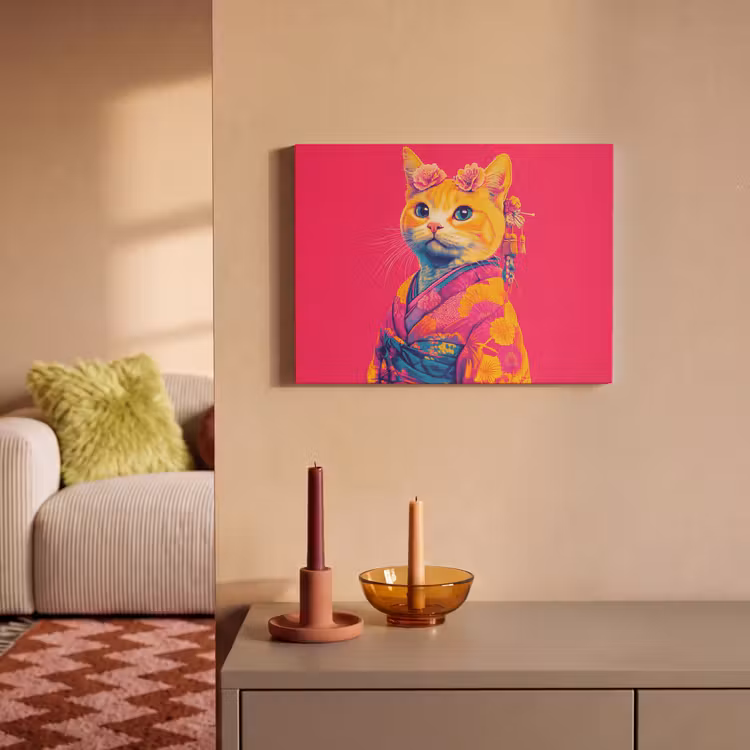 Akoestisch schilderij - Kat - Kimono - Bloemen - Roze — 2