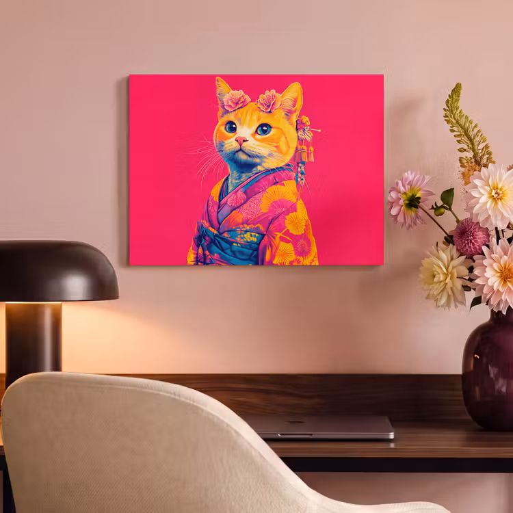 Akoestisch schilderij - Kat - Kimono - Bloemen - Roze — 4
