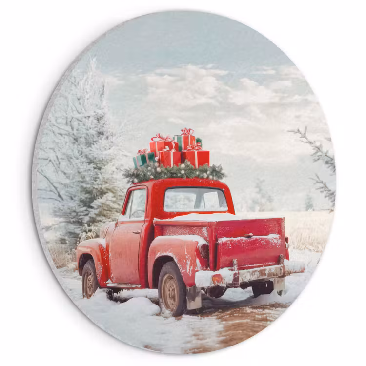 Akoestisch schilderij rond - Auto - Rood - Cadeaus - Winter - Sneeuw - Kerst — 1