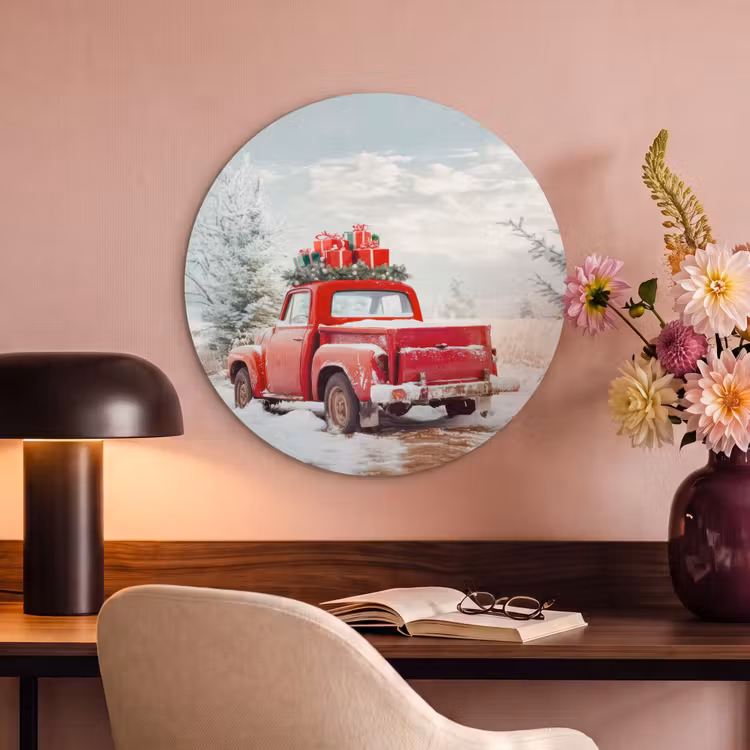 Akoestisch schilderij rond - Auto - Rood - Cadeaus - Winter - Sneeuw - Kerst — 2