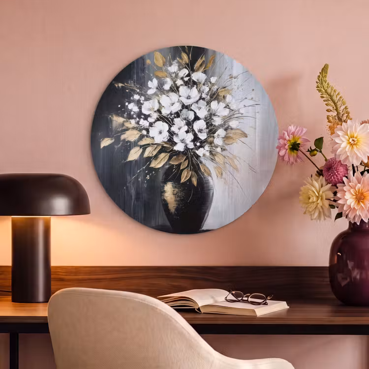 Akoestisch schilderij rond - Bloemen - Wit - Vaas - Abstract — 2