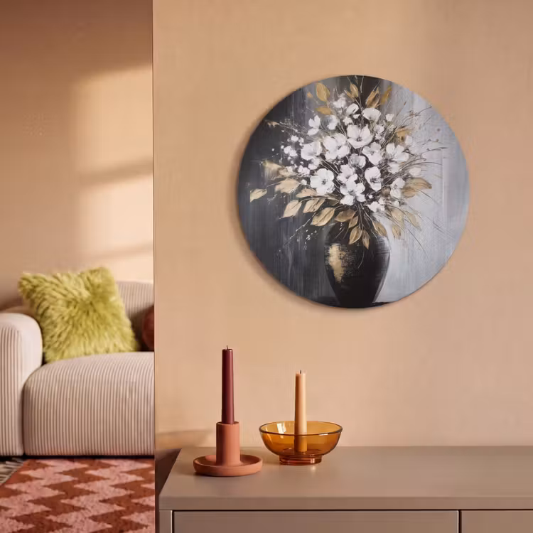 Akoestisch schilderij rond - Bloemen - Wit - Vaas - Abstract — 3