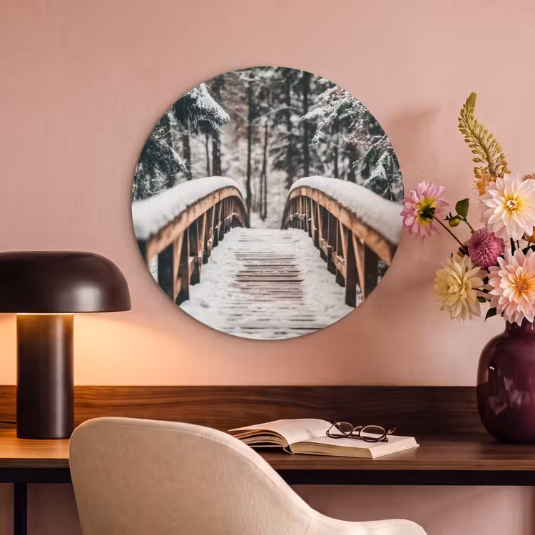 Akoestisch schilderij rond - Brug - Winterlandschap - Bos - Natuur - Sneeuw — 2