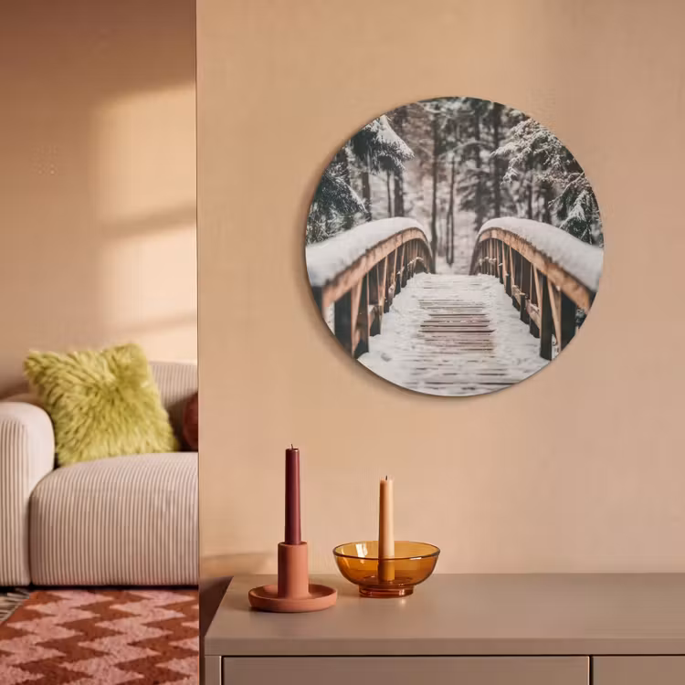Akoestisch schilderij rond - Brug - Winterlandschap - Bos - Natuur - Sneeuw — 3