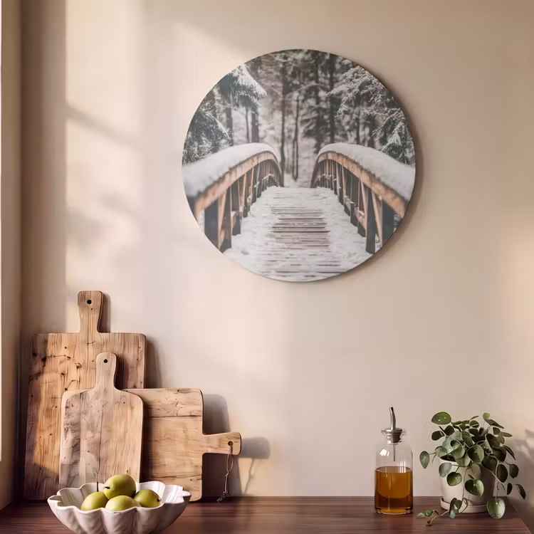 Akoestisch schilderij rond - Brug - Winterlandschap - Bos - Natuur - Sneeuw — 4