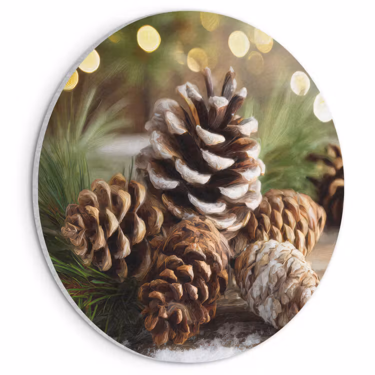 Akoestisch schilderij rond - Dennenappels - Kerstsfeer - Bruin - Groen — 1