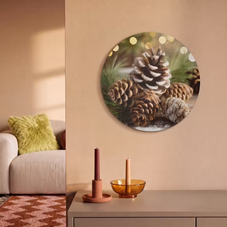 Akoestisch schilderij rond - Dennenappels - Kerstsfeer - Bruin - Groen — 3