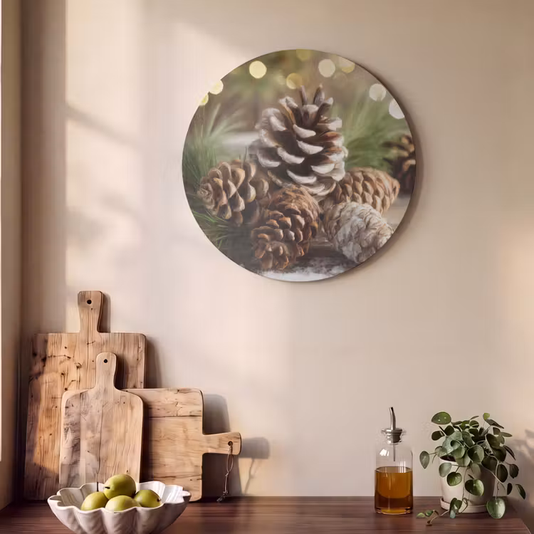 Akoestisch schilderij rond - Dennenappels - Kerstsfeer - Bruin - Groen — 4