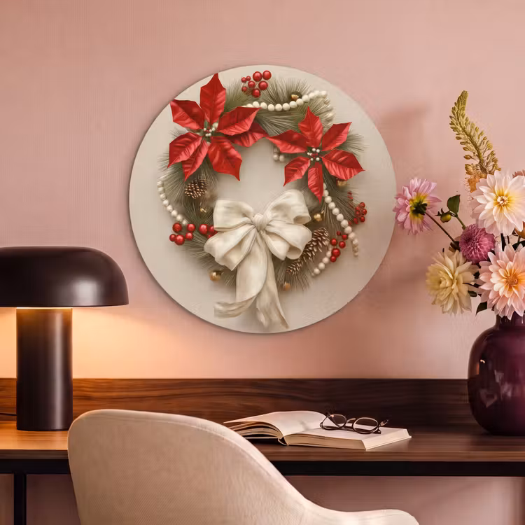 Akoestisch schilderij rond - Deurkrans - Strik - Kerst - Rood - Groen — 2