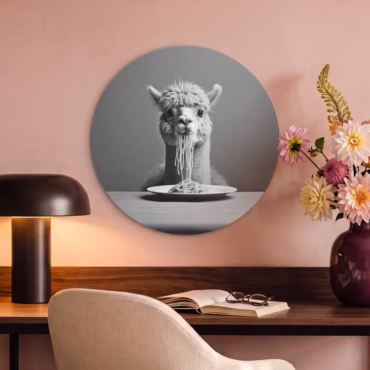 Akoestisch schilderij rond - Alpaca - Pasta - Zwart - Wit - Grappig - Dieren — 2