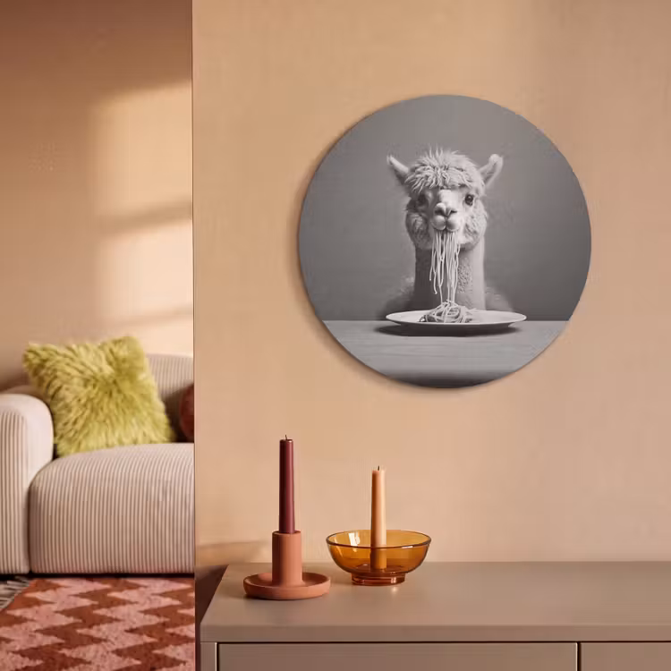 Akoestisch schilderij rond - Alpaca - Pasta - Zwart - Wit - Grappig - Dieren — 3