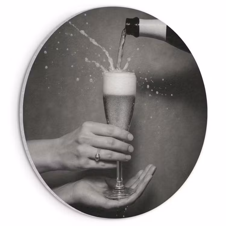 Akoestisch schilderij rond - Champagnefles - Glas - Minimalistisch - Spetters — 1