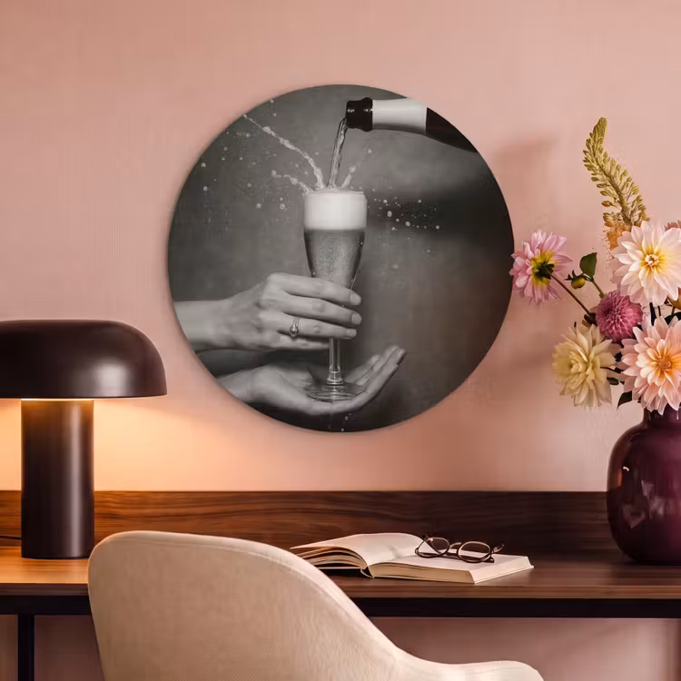 Akoestisch schilderij rond - Champagnefles - Glas - Minimalistisch - Spetters — 2