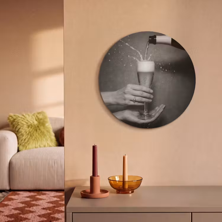 Akoestisch schilderij rond - Champagnefles - Glas - Minimalistisch - Spetters — 3