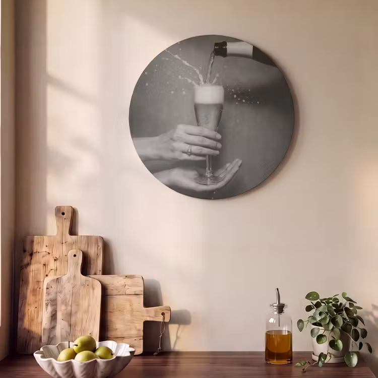 Akoestisch schilderij rond - Champagnefles - Glas - Minimalistisch - Spetters — 4