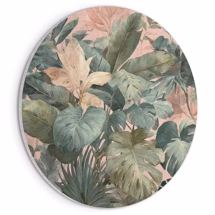 Akoestisch schilderij rond - Compositie van bladeren - Groen - Roze — 1