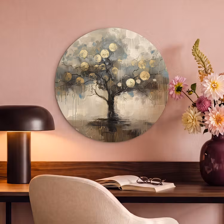 Akoestisch schilderij rond - Beige - Abstract - Boom - Goud — 2