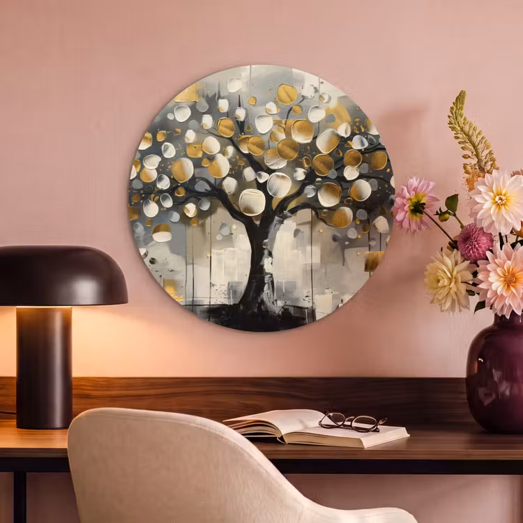 Akoestisch schilderij rond - Boom - Abstract - Beige - Goud - Zwart — 2