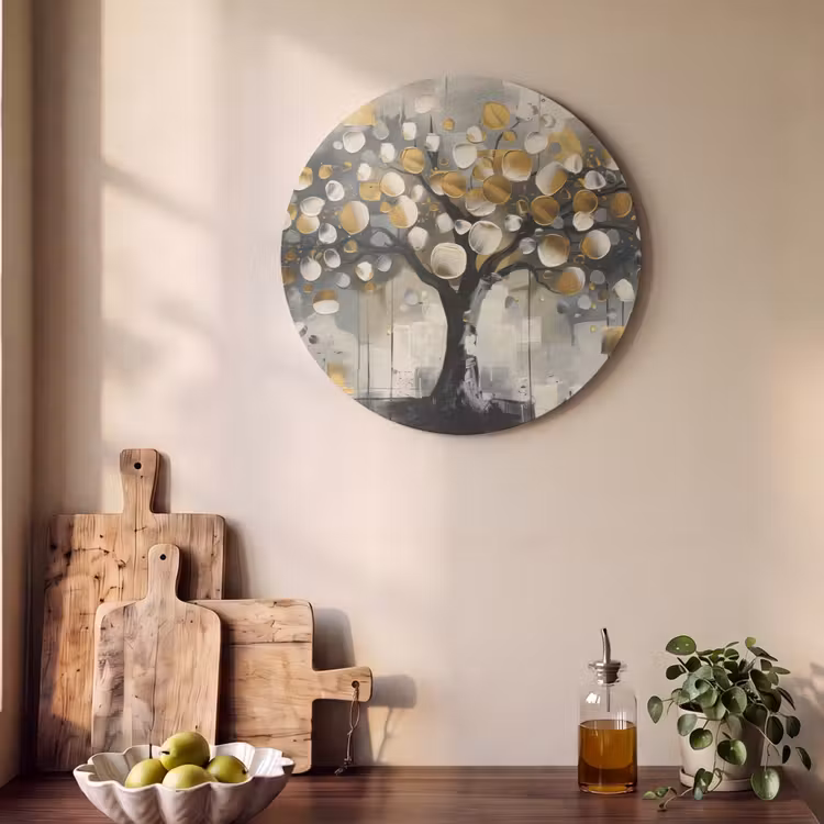 Akoestisch schilderij rond - Boom - Abstract - Beige - Goud - Zwart — 4