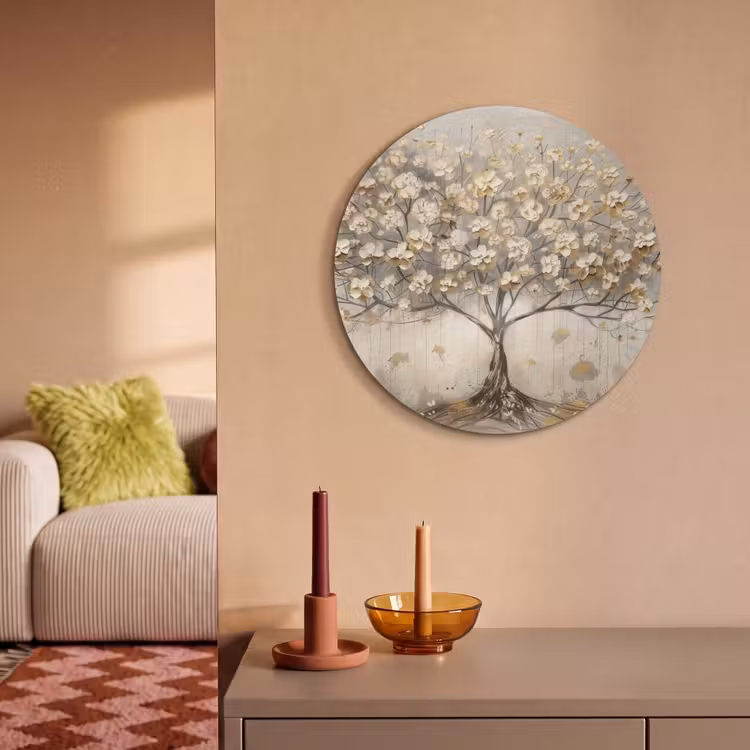 Akoestisch schilderij rond - Boom - Beige - Goud - Verflook - Grijs — 3