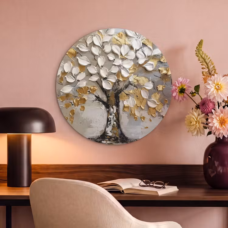 Akoestisch schilderij rond - Boom - Beige - Grijs - Goud - Abstract — 2