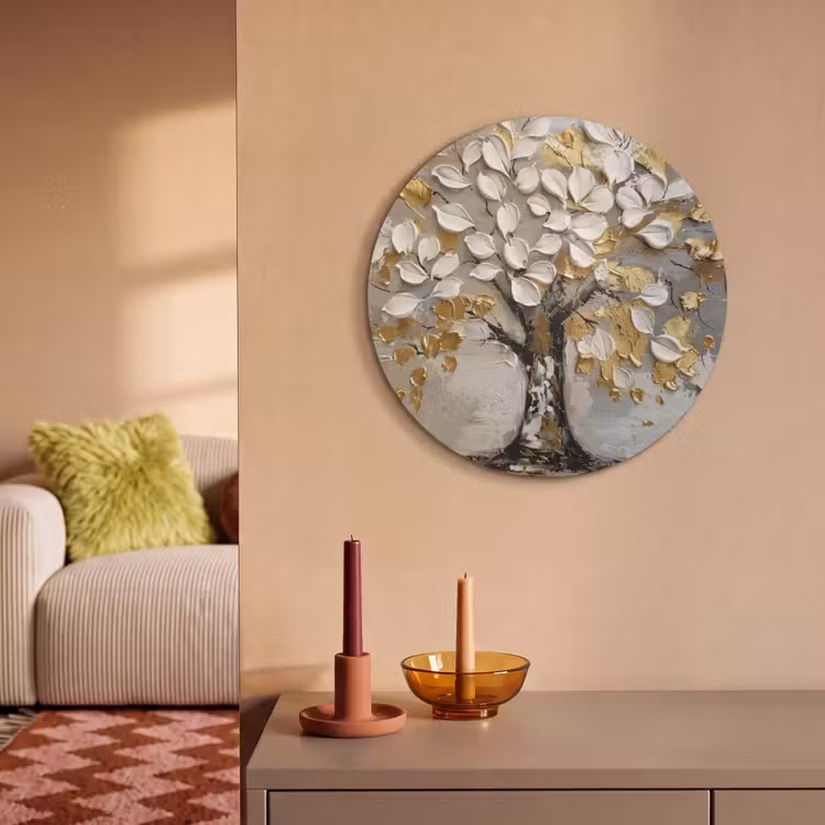 Akoestisch schilderij rond - Boom - Beige - Grijs - Goud - Abstract — 3