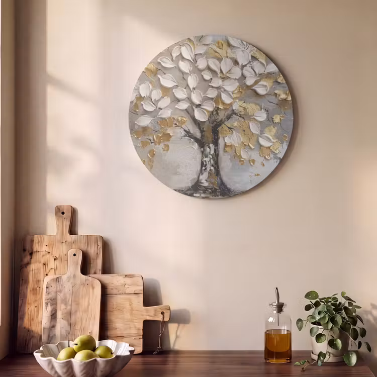 Akoestisch schilderij rond - Boom - Beige - Grijs - Goud - Abstract — 4