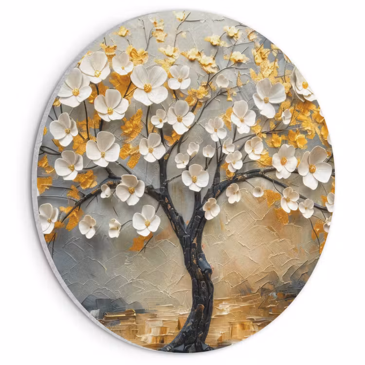 Akoestisch schilderij rond - Boom - Bloemen - Goud - Beige — 1