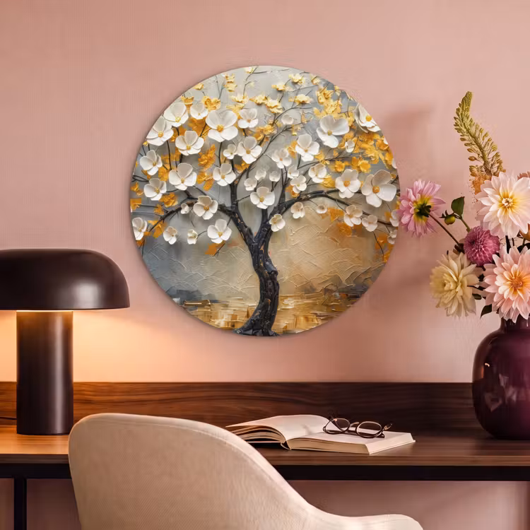 Akoestisch schilderij rond - Boom - Bloemen - Goud - Beige — 2