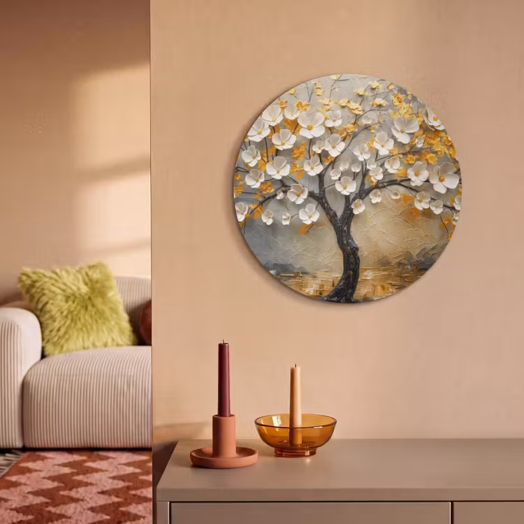 Akoestisch schilderij rond - Boom - Bloemen - Goud - Beige — 3
