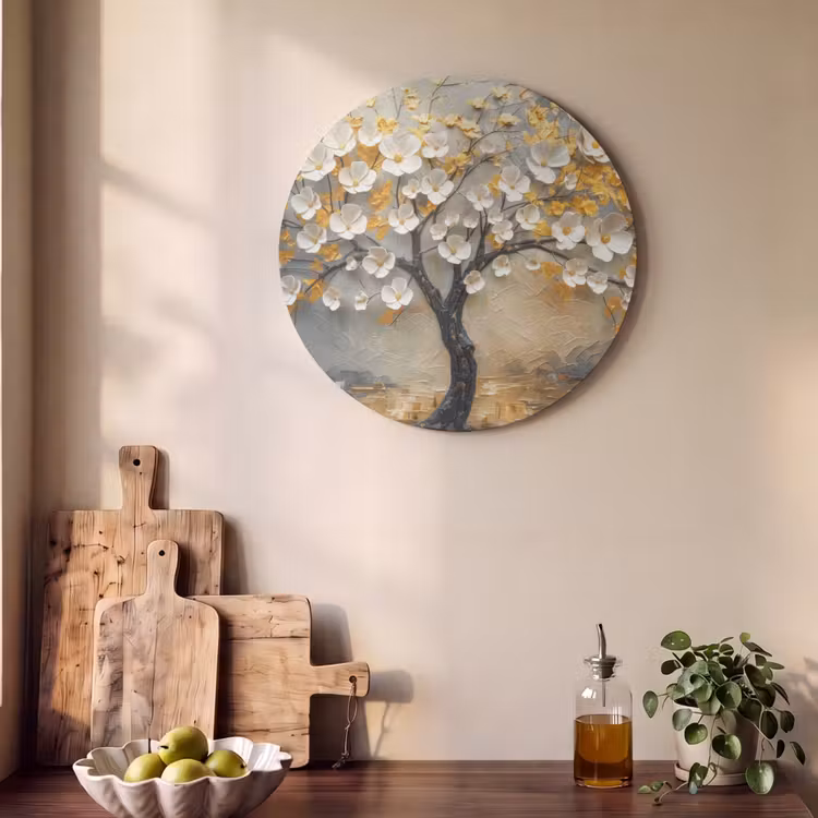 Akoestisch schilderij rond - Boom - Bloemen - Goud - Beige — 4