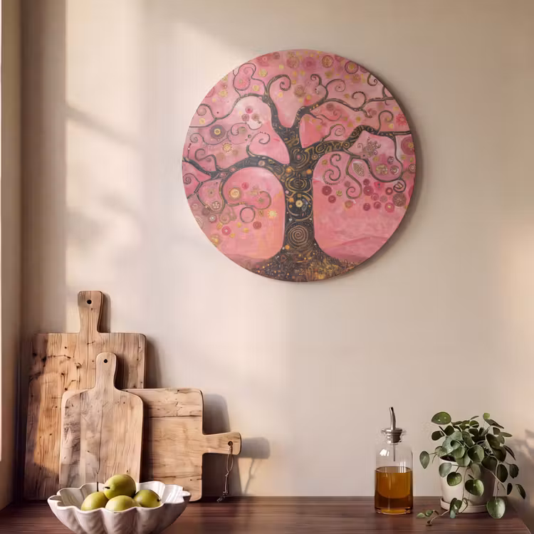 Akoestisch schilderij rond - Boom - Levensboom - Roze - Goud — 4