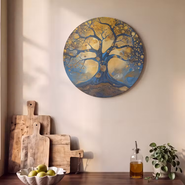 Akoestisch schilderij rond - Boom - Levensboom - Blauw - Goud — 4