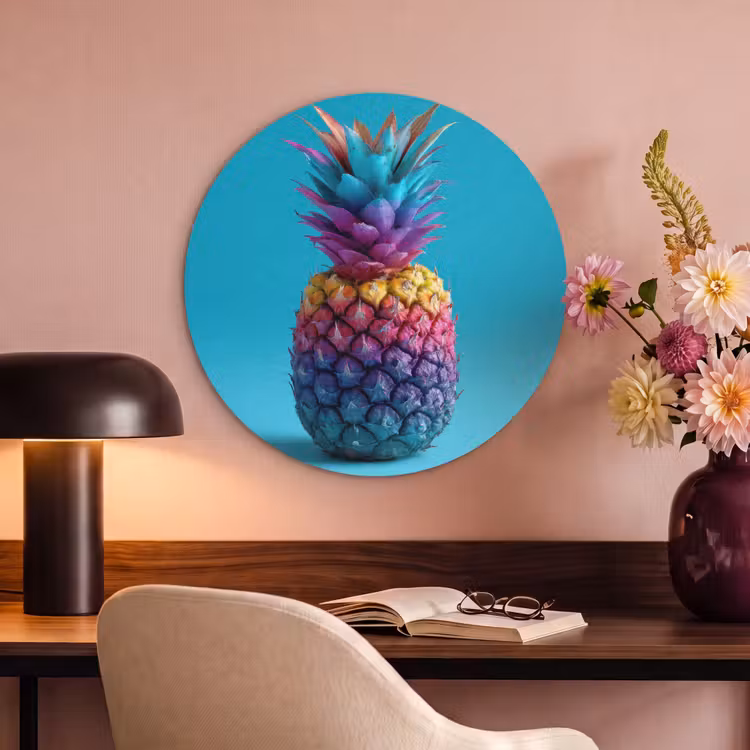 Akoestisch schilderij rond - Ananas - Regenboog - Blauw - Popart — 2