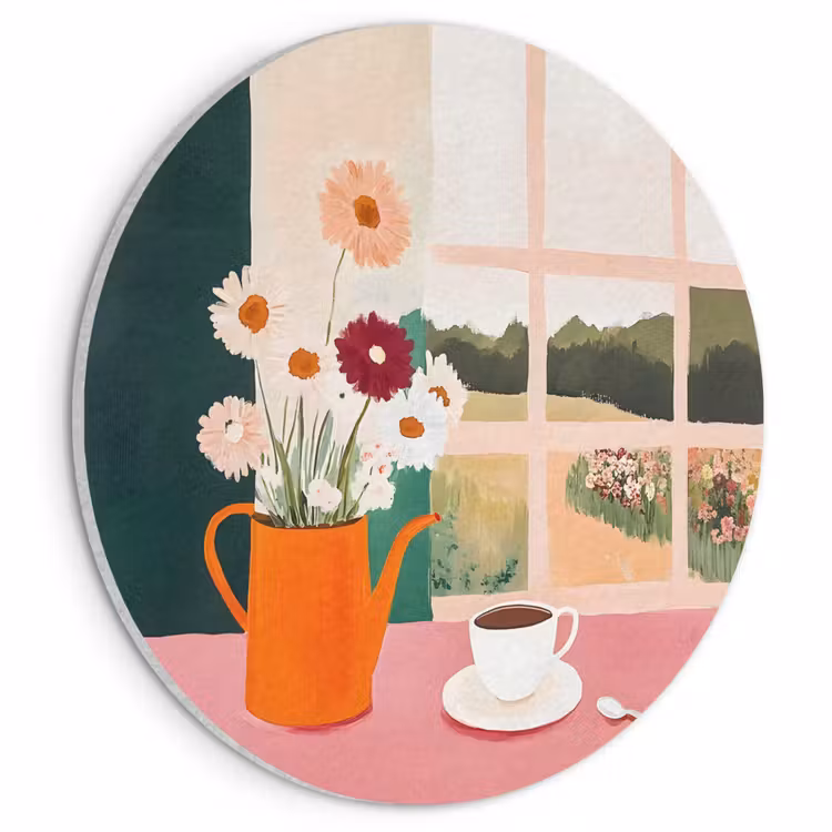 Akoestisch schilderij rond - Bloemen - Koffie - Raam — 1
