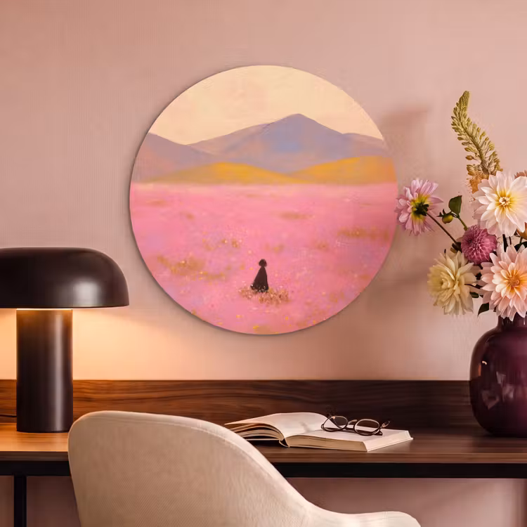 Akoestisch schilderij rond - Bloemenweide - Heuvels - Silhouet - Roze — 2