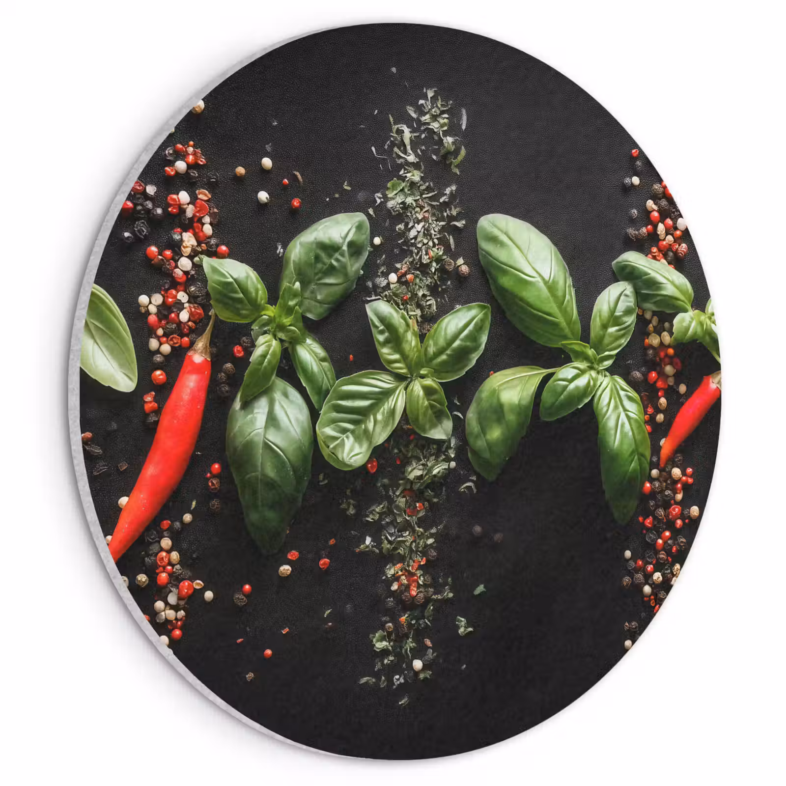 Akoestisch schilderij rond - Chilipepers - Basilicum - Blaadjes - Rood — 1