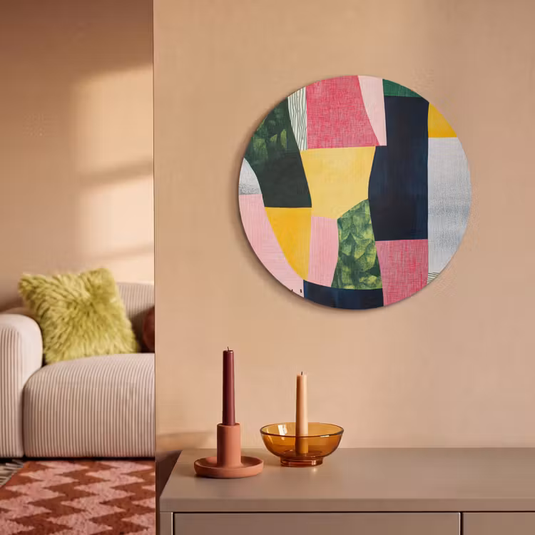 Akoestisch schilderij rond - Abstract - Roze - Lappen - Vormen - Geel — 3