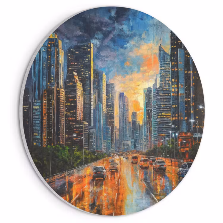 Akoestisch schilderij rond - Auto - Skyline - Zon - Blauw — 1