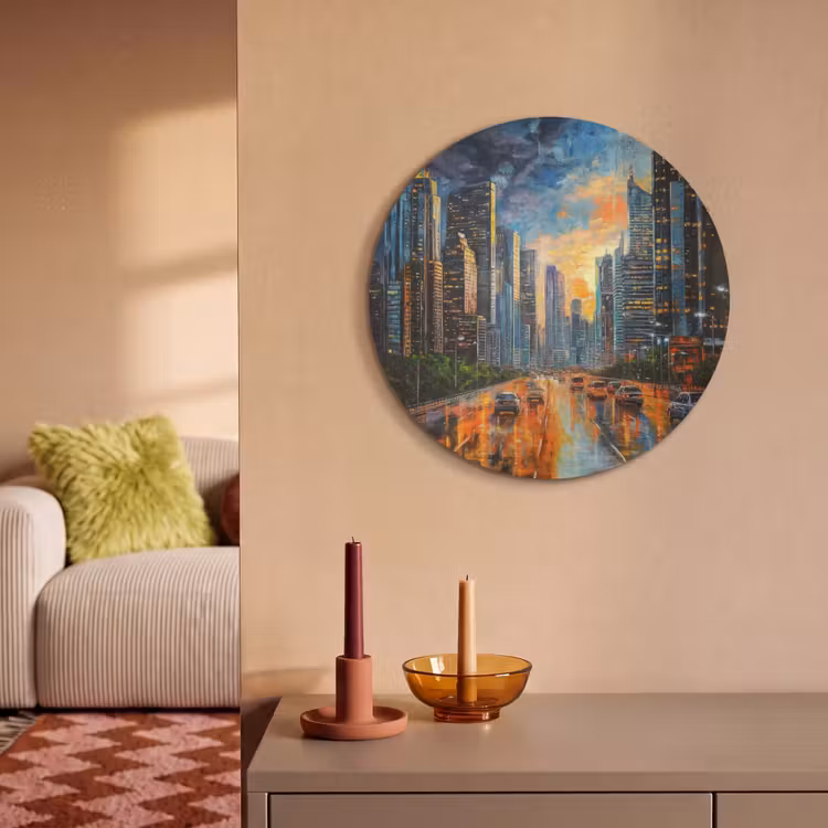 Akoestisch schilderij rond - Auto - Skyline - Zon - Blauw — 3