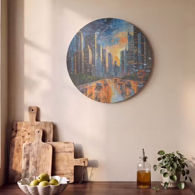Akoestisch schilderij rond - Auto - Skyline - Zon - Blauw — 4