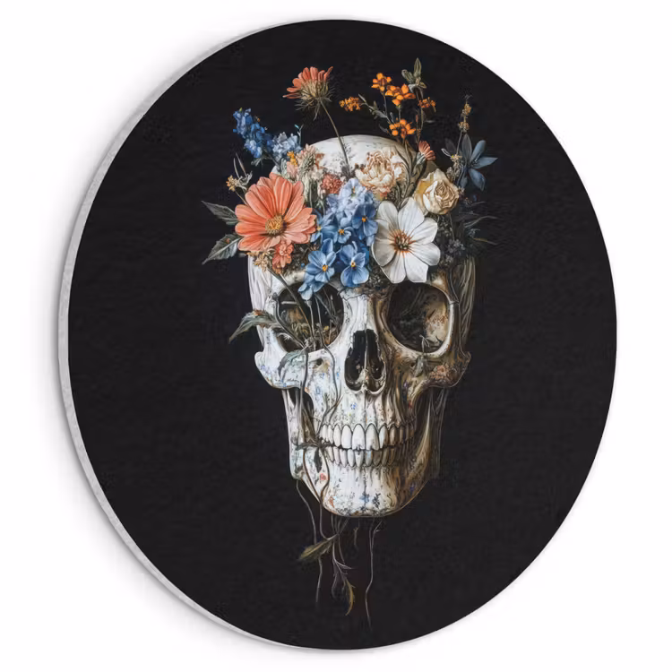 Akoestisch schilderij rond - Bloemen - Schedel - Kleurrijk — 1
