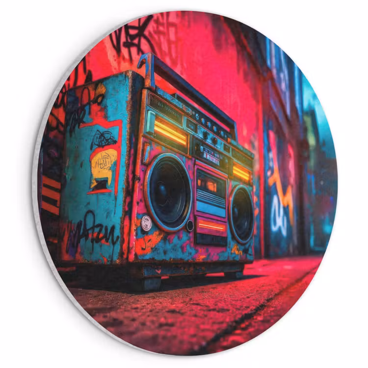 Akoestisch schilderij rond - Boombox - Rood - Graffiti - Neon — 1