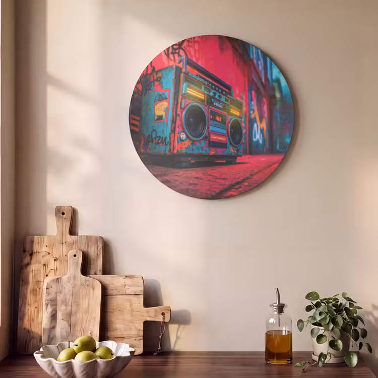 Akoestisch schilderij rond - Boombox - Rood - Graffiti - Neon — 4