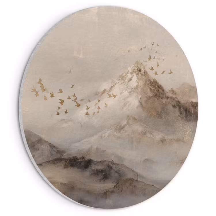 Akoestisch schilderij rond - Berglandschap - Mist - Penseelstreken — 1