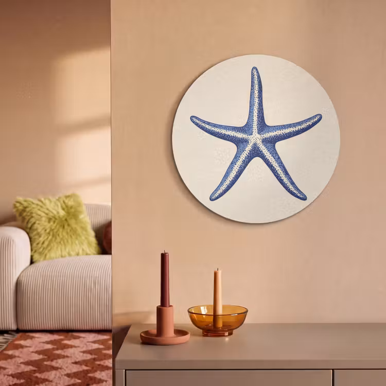 Akoestisch schilderij rond - Blauwe zeester - Minimalistisch - Beige — 3