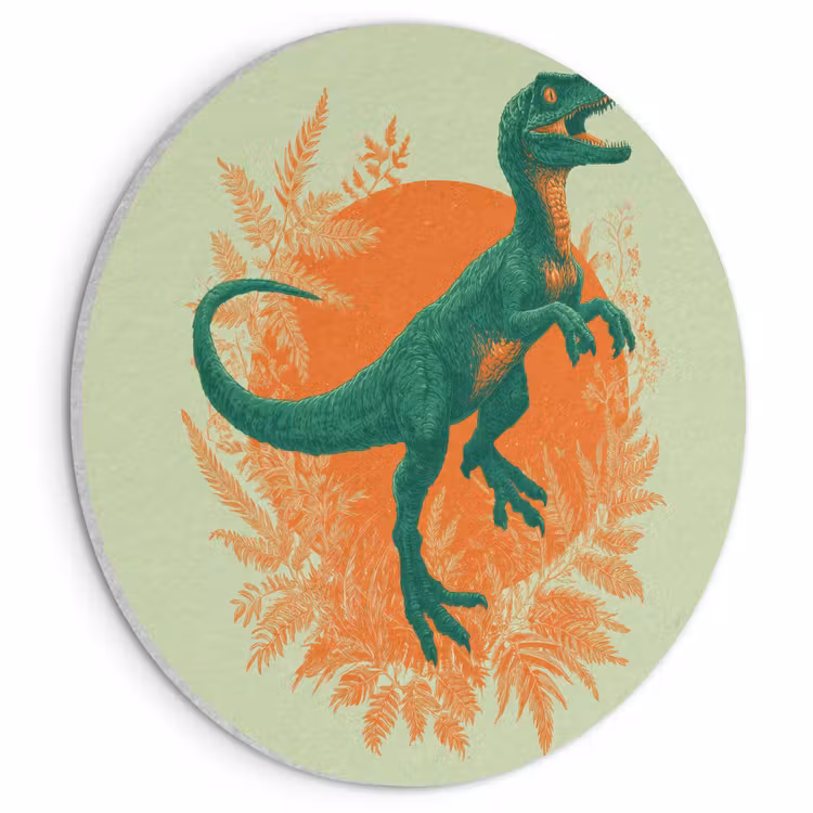Akoestisch schilderij rond - Dinosaurus - Groen - Planten - Cirkel — 1