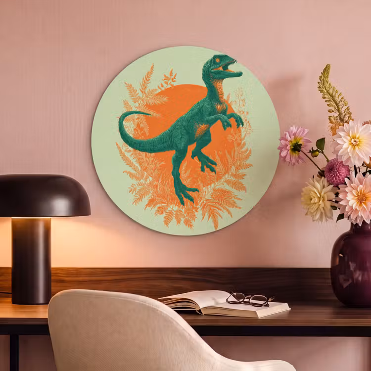 Akoestisch schilderij rond - Dinosaurus - Groen - Planten - Cirkel — 2