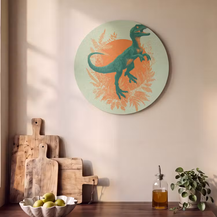 Akoestisch schilderij rond - Dinosaurus - Groen - Planten - Cirkel — 4