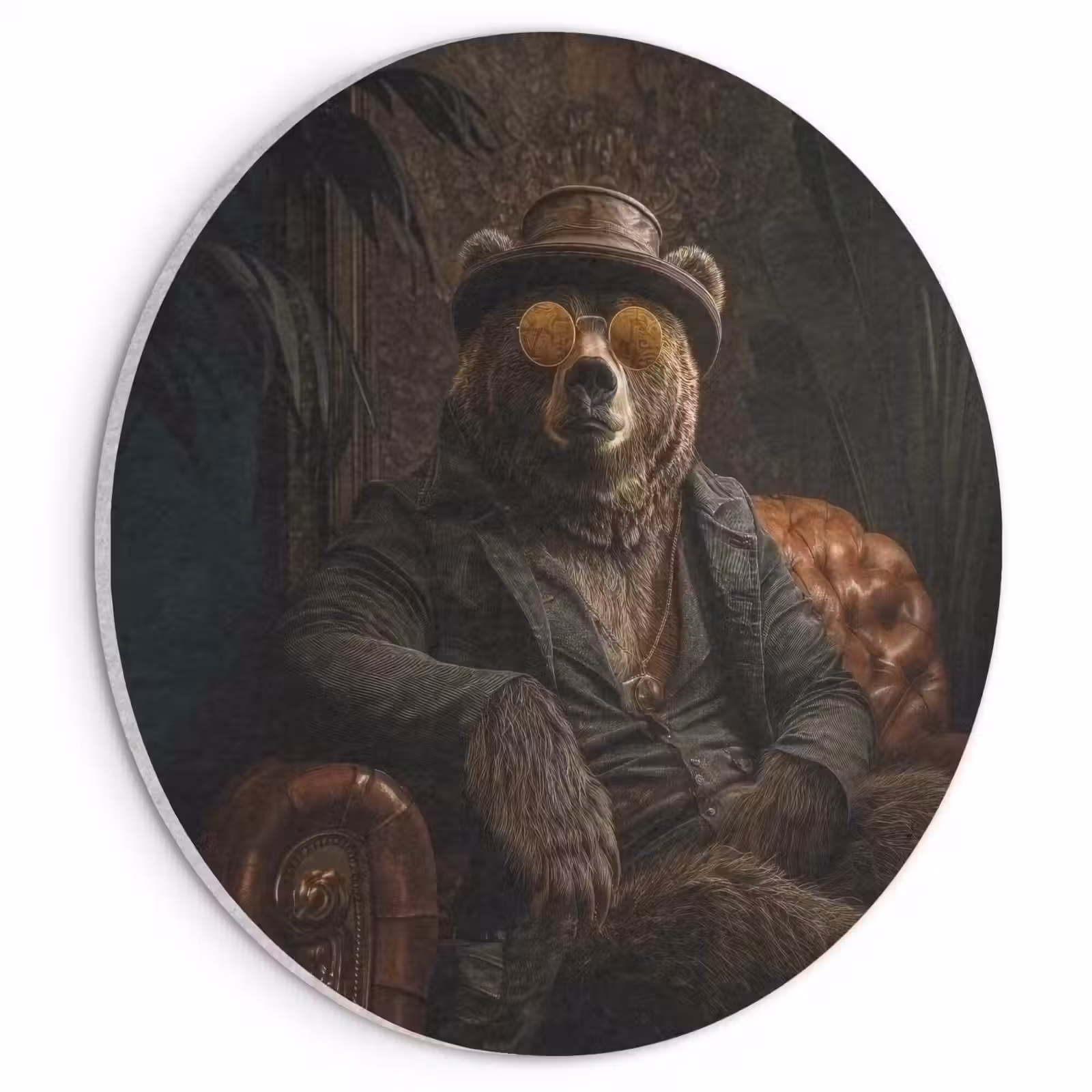 Akoestisch schilderij rond - Beer - Bruin - Pak - Hoed — 1
